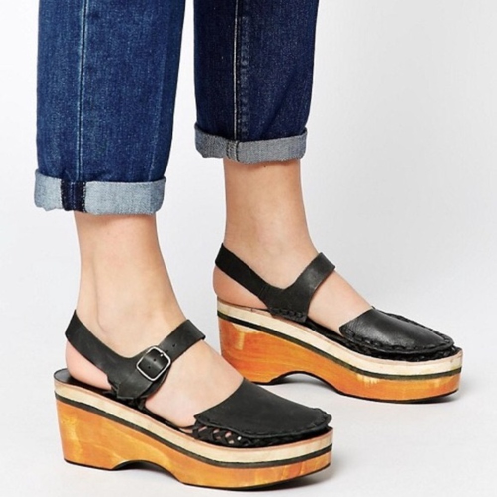 Free People Magnolia Black Leather Slope Clogs